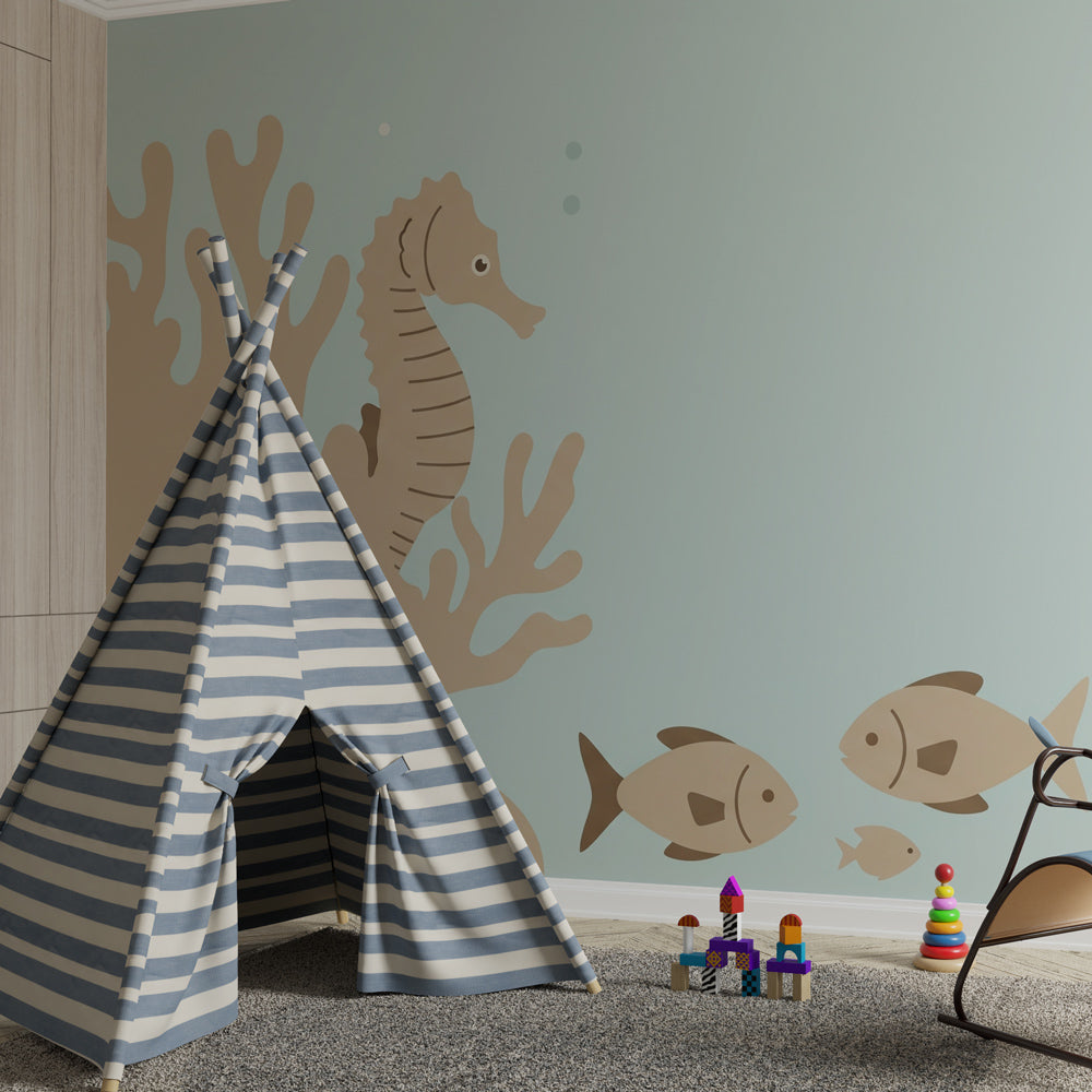 Sea life mural wallpaper featuring coral and seahorse in soft blue nursery decor by Kids-Mundo