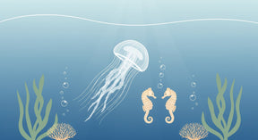 Detailed ocean animals mural wallpaper design pattern with jellyfish and seahorses by Kids-Mundo