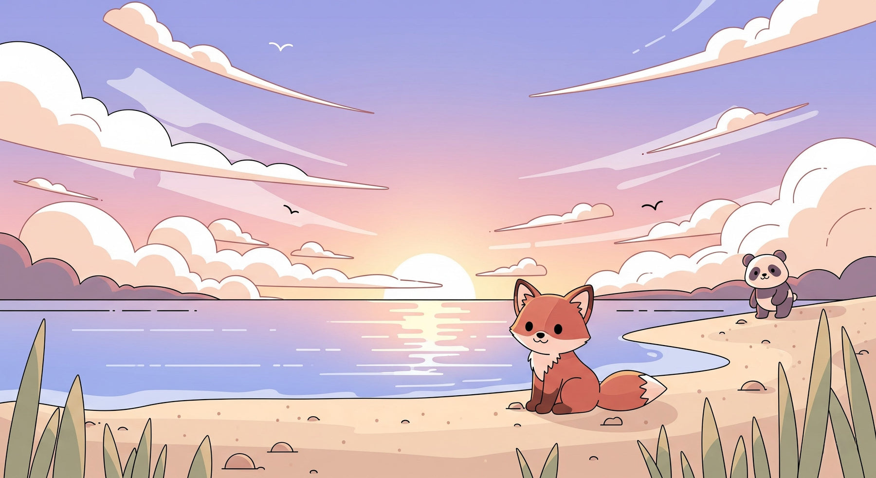 Detailed fox and panda beach sunset mural wallpaper design pattern by Kids-Mundo