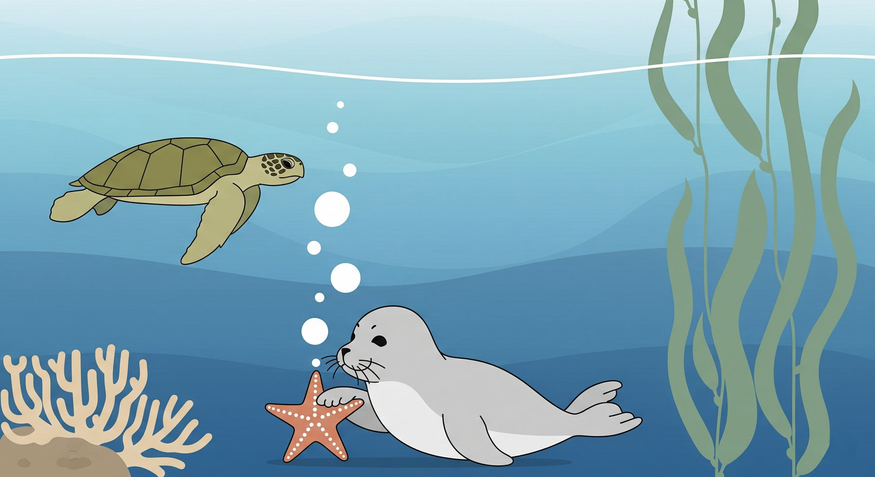 Detailed ocean animals mural wallpaper design pattern with turtle and seal by Kids-Mundo
