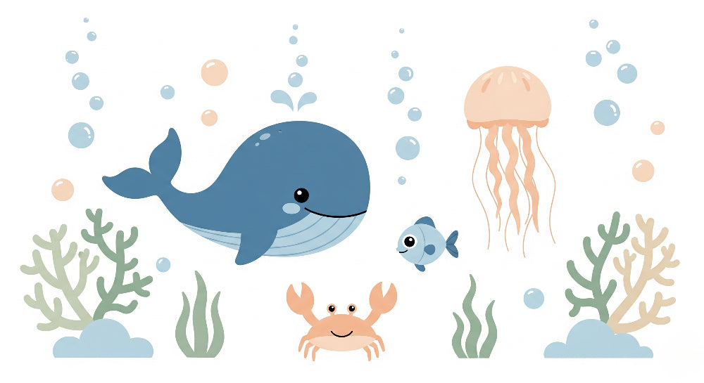 Detailed ocean animals mural wallpaper design pattern with whale and marine life by Kids-Mundo