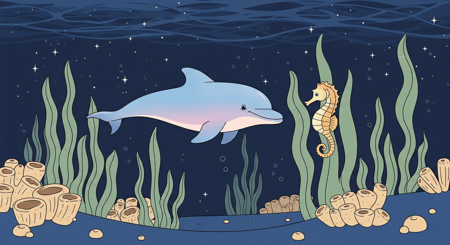 Detailed ocean animals mural wallpaper design pattern with dolphin and seahorse by Kids-Mundo