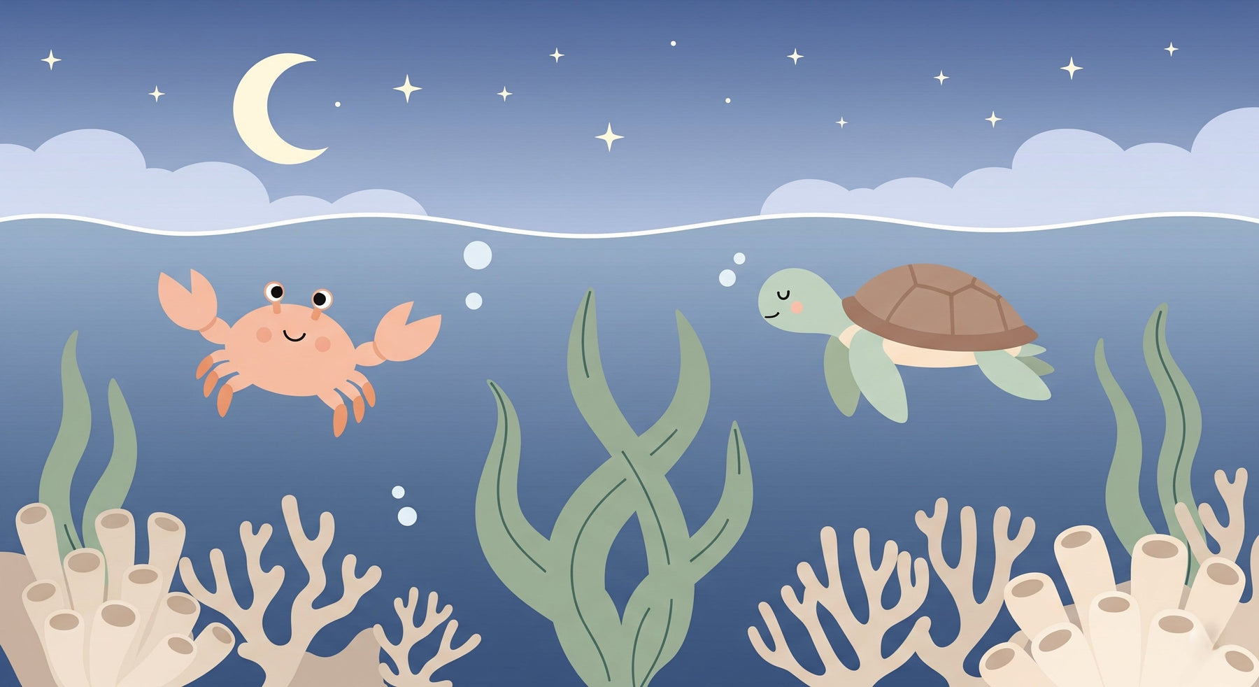 Detailed ocean animals mural wallpaper design pattern with crab turtle and coral by Kids-Mundo