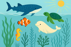 Detailed ocean animals mural wallpaper design pattern featuring whale shark and marine life by Kids-Mundo