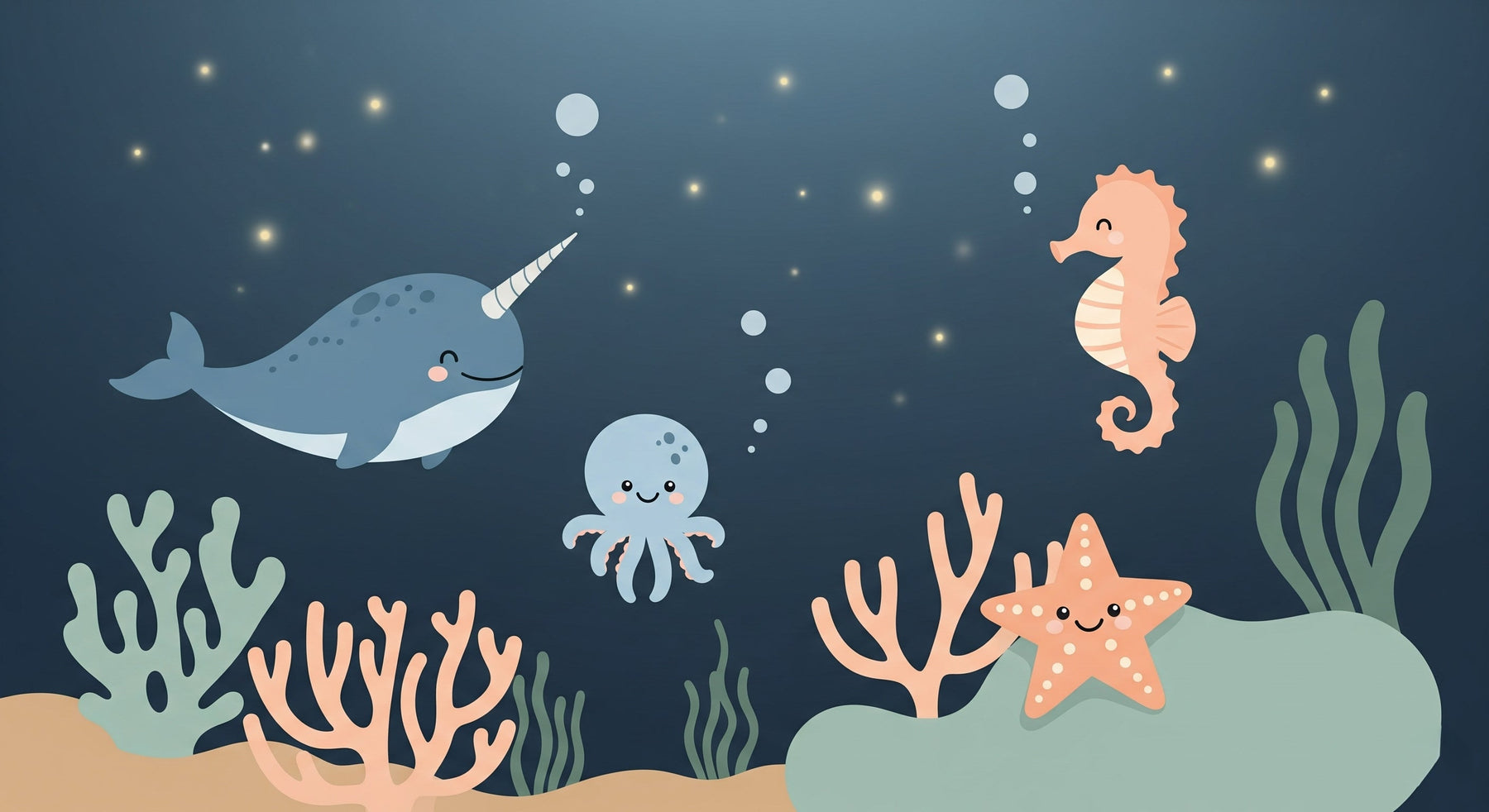 Detailed ocean animals mural wallpaper design pattern with marine creatures and coral by Kids-Mundo