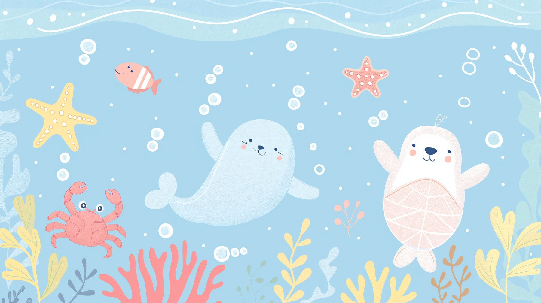 Detailed ocean animals mural wallpaper design pattern with seal, turtle and marine life by Kids-Mundo