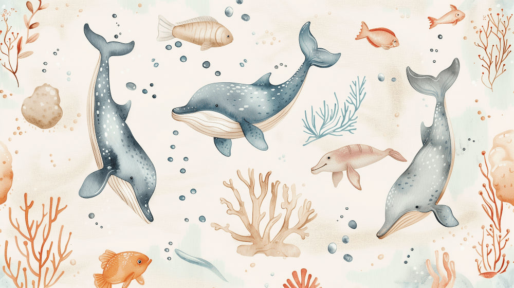 Detailed ocean animals mural wallpaper design pattern with whales and dolphins by Kids-Mundo