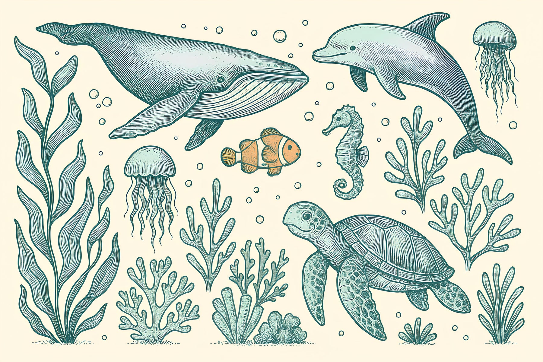 Detailed ocean animals mural wallpaper design pattern with whales dolphins and coral reef by Kids-Mundo