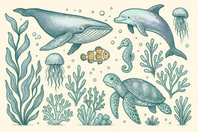 Detailed ocean animals mural wallpaper design pattern with whales dolphins and coral reef by Kids-Mundo