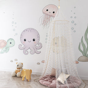 Underwater adventure mural wallpaper featuring octopus and turtle in children's bedroom decor