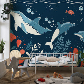 Dolphins and fish wallpaper transforming kids playroom into underwater adventure space