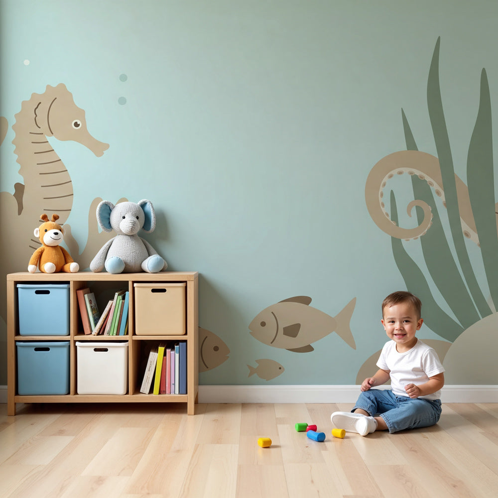 Ocean animals mural wallpaper with seahorse and octopus in peaceful baby nursery by Kids-Mundo