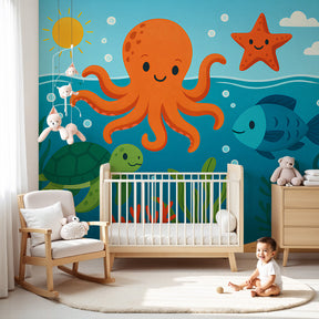 Ocean animals mural wallpaper with octopus and turtle in modern nursery by Kids-Mundo