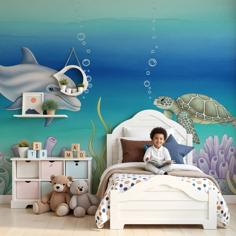 Ocean animals mural wallpaper with dolphins and turtles in modern nursery room by Kids-Mundo