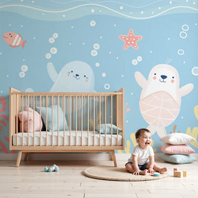 Ocean animals mural wallpaper with seal and turtle in modern nursery room by Kids-Mundo