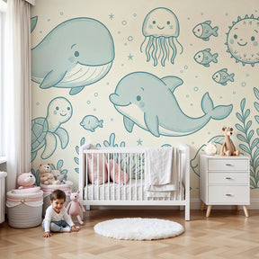 Ocean animals mural wallpaper with whales and dolphins in modern nursery by Kids-Mundo