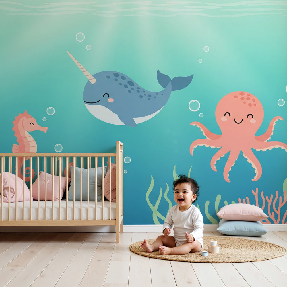 Ocean animals mural wallpaper in bright nursery with sea creatures and coral tones by Kids-Mundo