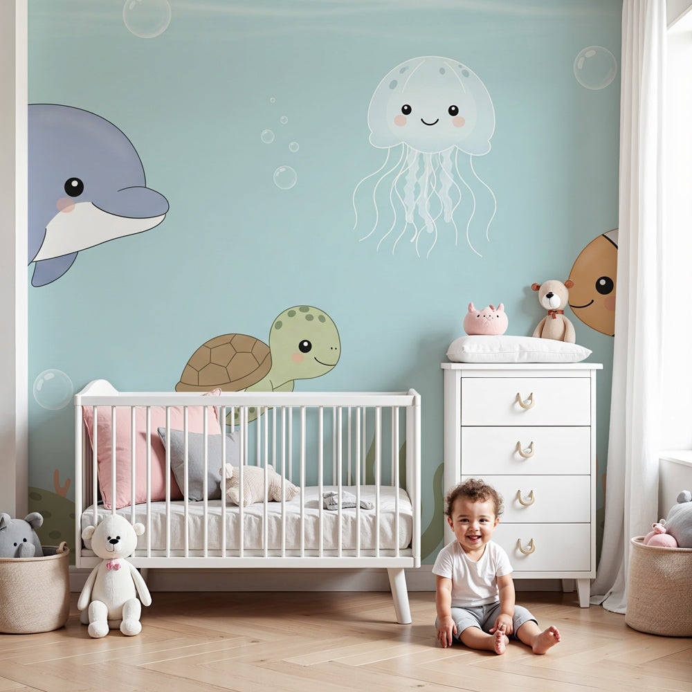 Ocean animals mural wallpaper creating underwater themed nursery with dolphins and sea creatures by Kids-Mundo