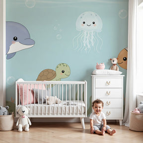 Ocean animals mural wallpaper creating underwater themed nursery with dolphins and sea creatures by Kids-Mundo