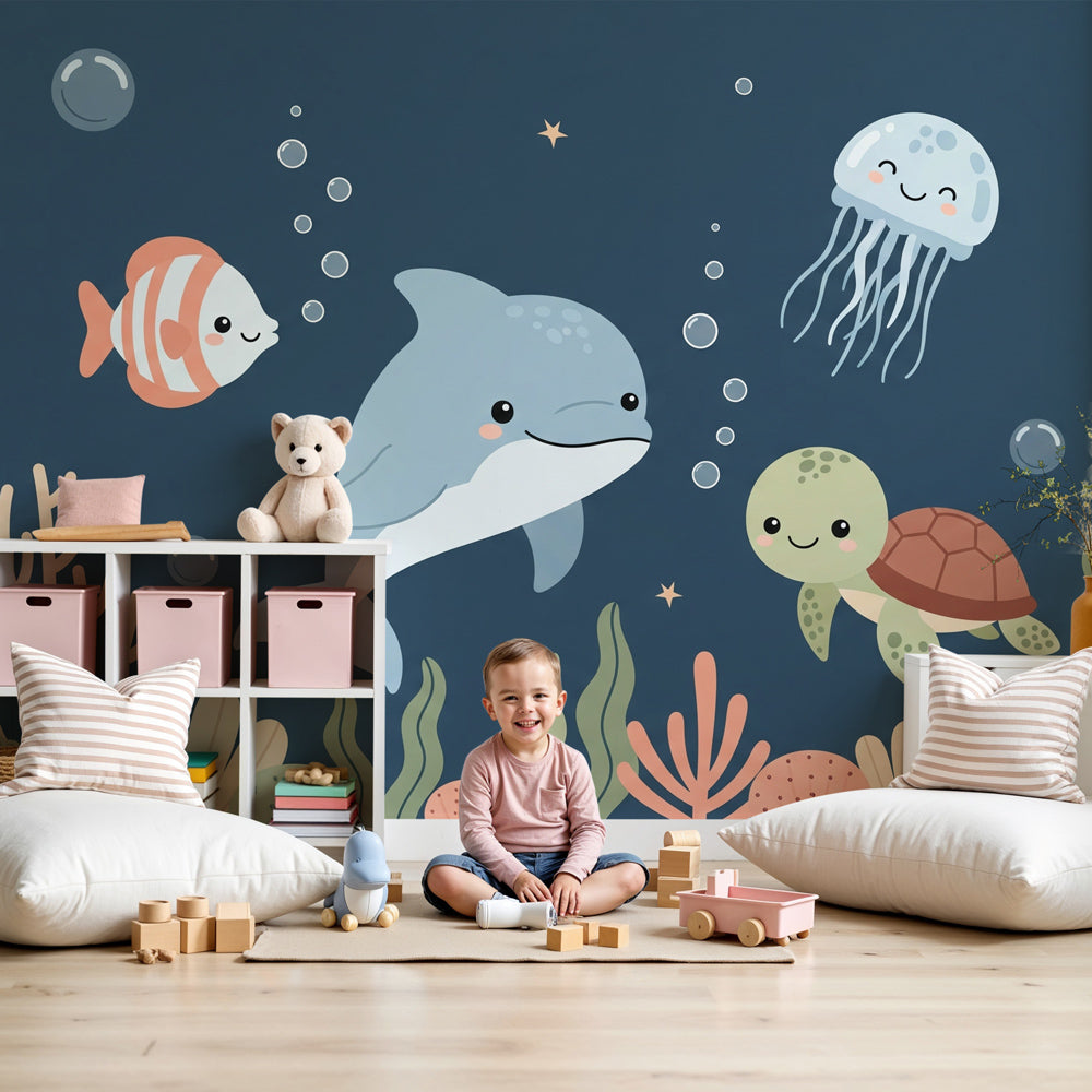 Ocean animals mural wallpaper with dolphin and sea creatures in modern kids nursery by Kids-Mundo