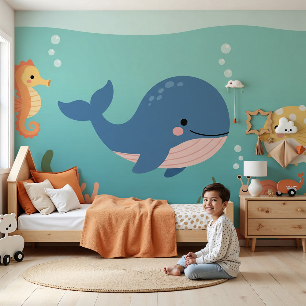Ocean animals mural wallpaper creating underwater themed nursery with whale and seahorse design by Kids-Mundo