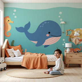 Ocean animals mural wallpaper creating underwater themed nursery with whale and seahorse design by Kids-Mundo