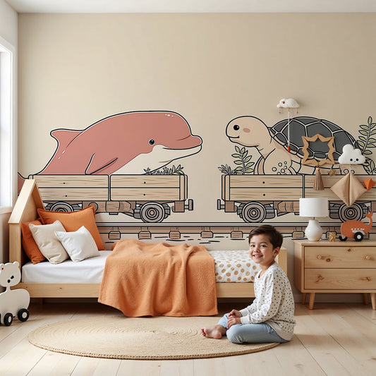 Ocean animals mural wallpaper with dolphin and turtle train in modern nursery by Kids-Mundo