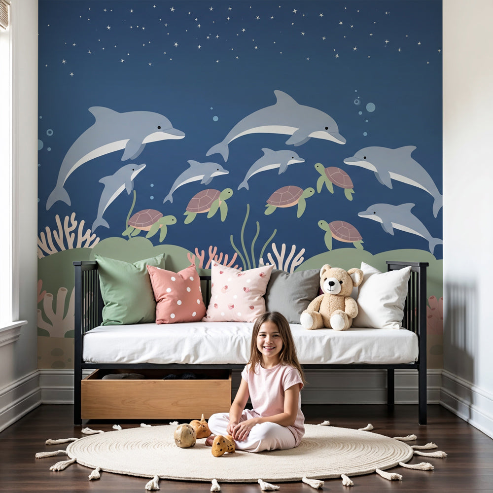 Ocean animals mural wallpaper with dolphins and sea turtles in modern nursery by Kids-Mundo