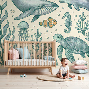 Ocean animals mural wallpaper featuring whales and dolphins in modern kids nursery by Kids-Mundo