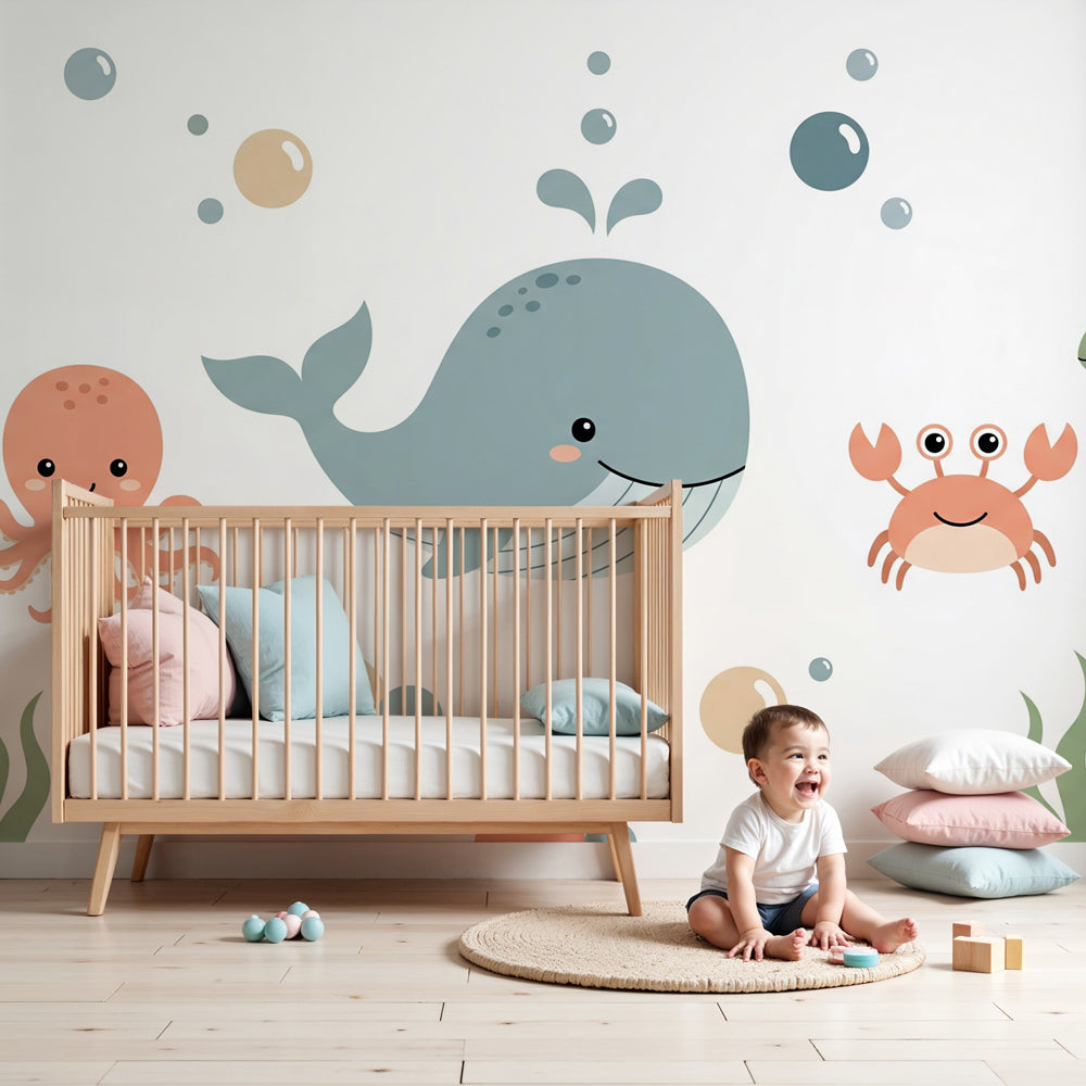 Ocean animals mural wallpaper featuring whale and sea creatures in modern nursery by Kids-Mundo