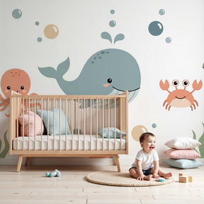 Ocean animals mural wallpaper featuring whale and sea creatures in modern nursery by Kids-Mundo