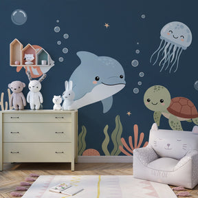 Marine life wallpaper featuring friendly sea animals in bright kids playroom setting