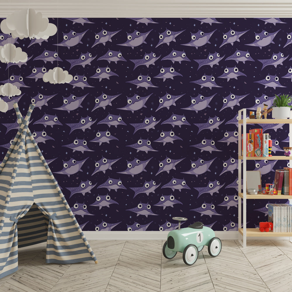 Sea life mural wallpaper featuring friendly marine animals in children's playroom setting
