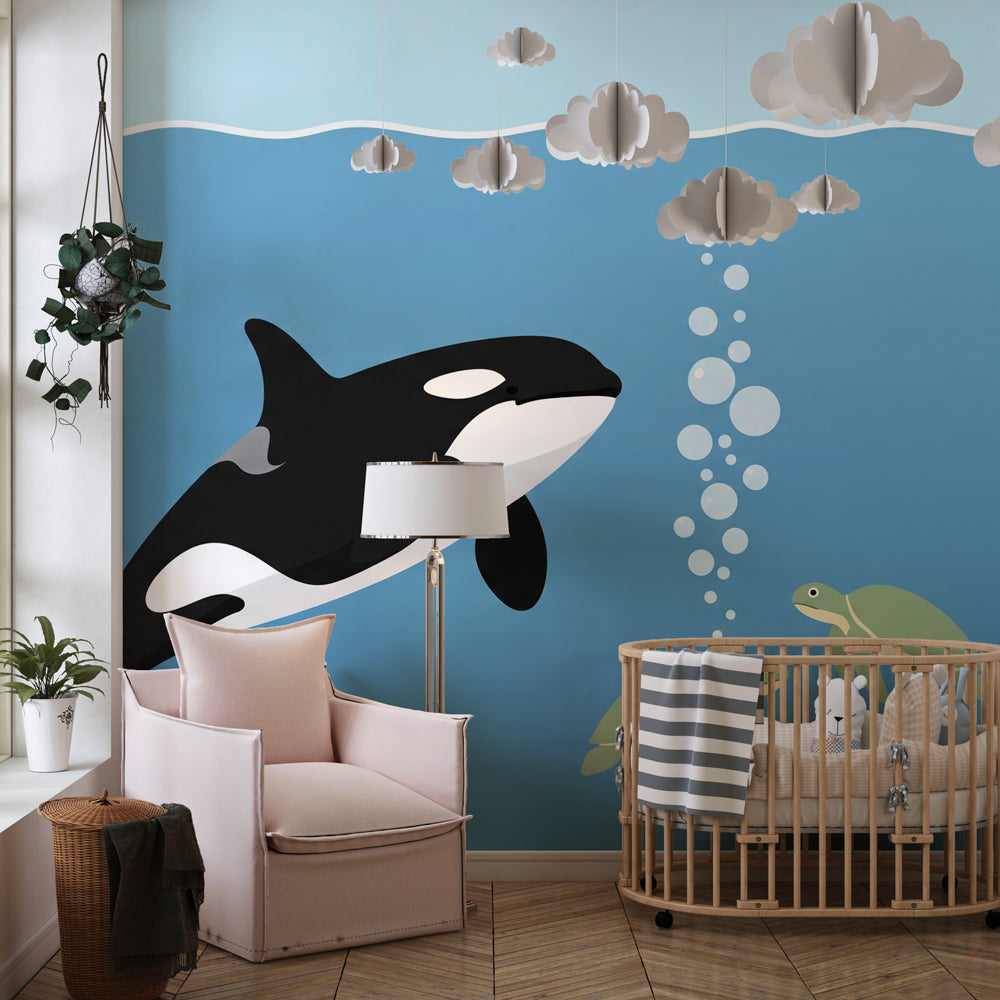 Sea animals wallpaper featuring orca and turtles in bright children's playroom setting