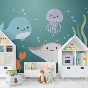 Marine life mural wallpaper creating educational and fun playroom environment with coral details