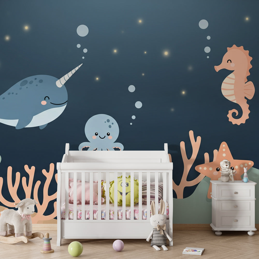 Sea creatures wallpaper featuring octopus and seahorse in colorful kids playroom setting