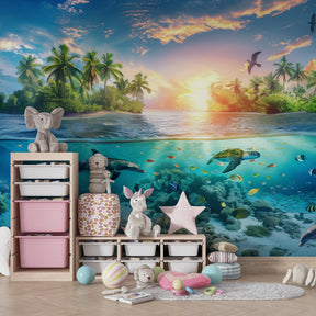 Blue ocean mural wallpaper with marine life decorating bright kids playroom space