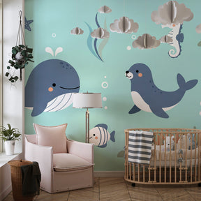 Sea life mural wallpaper in children's playroom featuring colorful coral and sea creatures