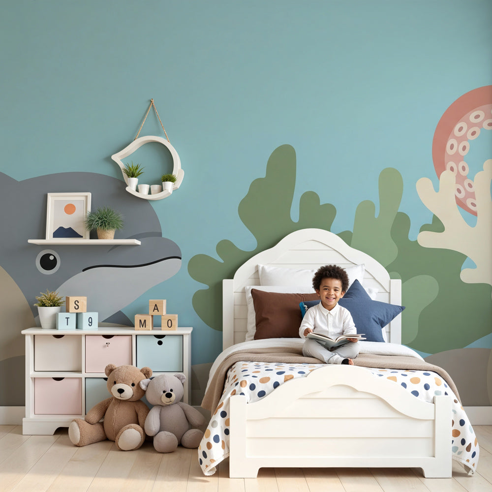 Ocean animals mural wallpaper with dolphins and crabs in modern kids bedroom by Kids-Mundo