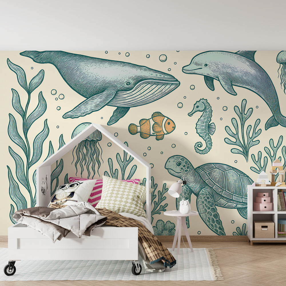 Underwater adventure mural wallpaper creating aquatic atmosphere in kids playroom by Kids-Mundo