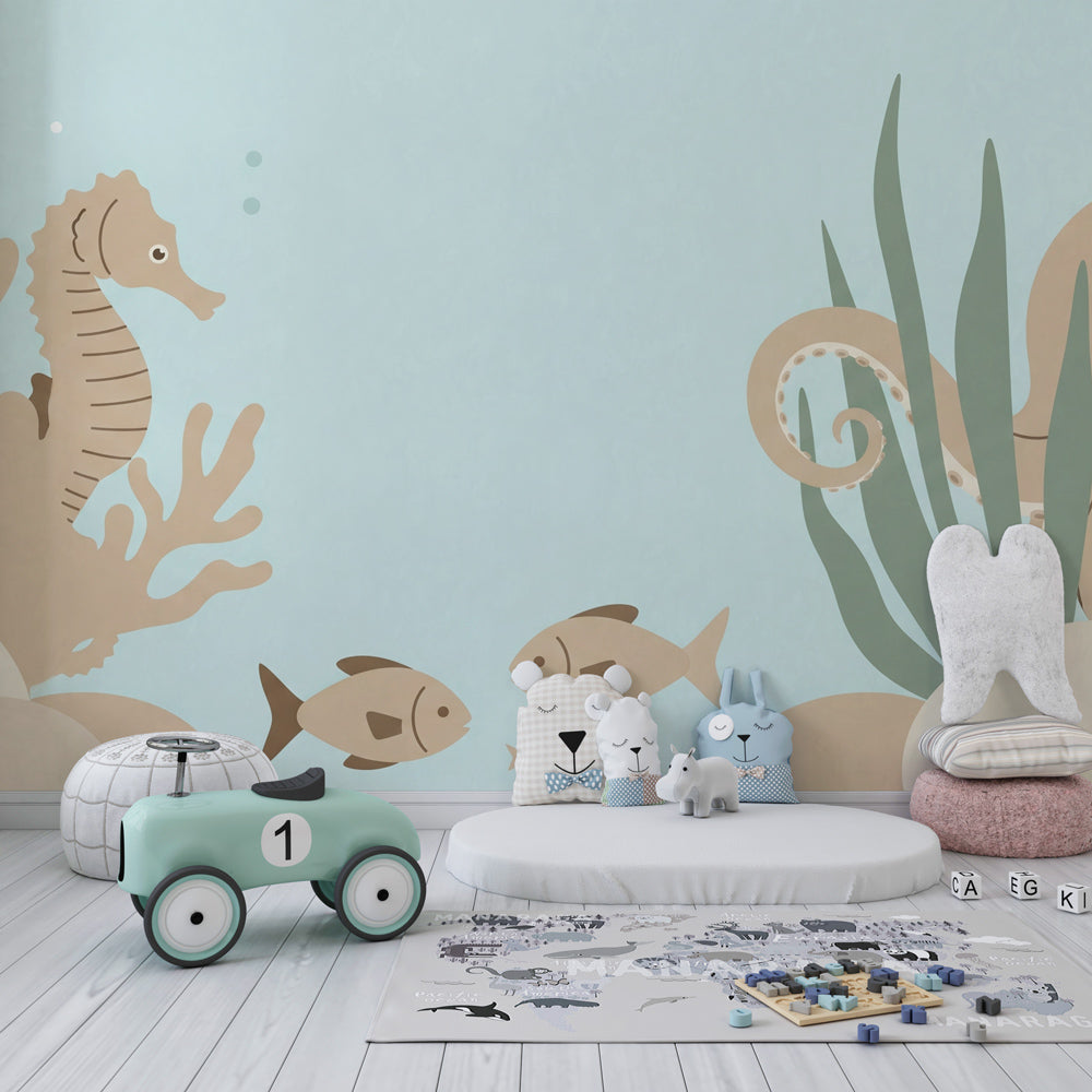 Underwater themed mural wallpaper creating calming marine atmosphere in children's bedroom