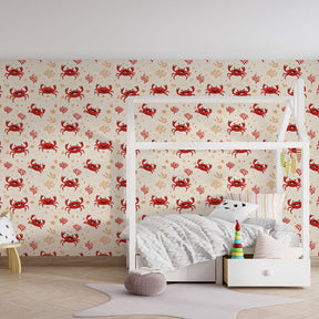 Coral reef wallpaper with playful crabs decorating modern children's bedroom interior
