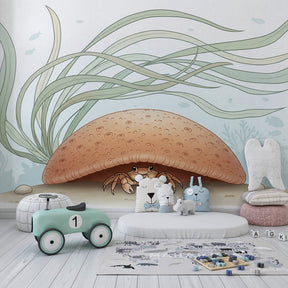 Playful crab wallpaper creating magical underwater atmosphere in kids bedroom
