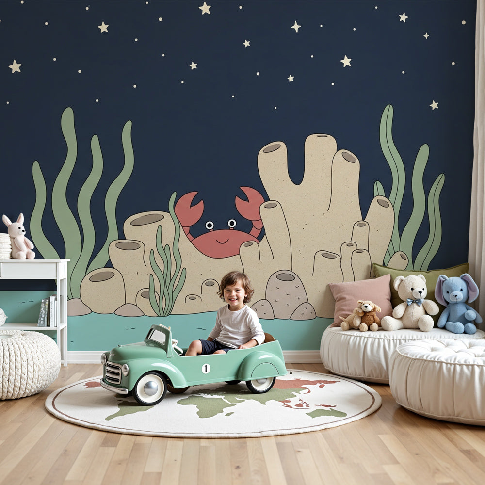Ocean crab mural wallpaper in bright nursery with underwater coral theme by Kids-Mundo
