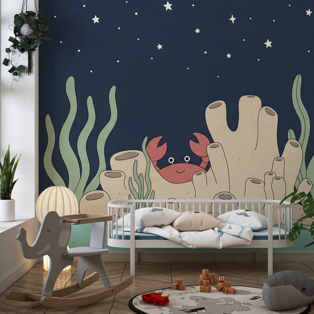 Marine themed mural wallpaper with coral and sea plants for children's playroom by Kids-Mundo