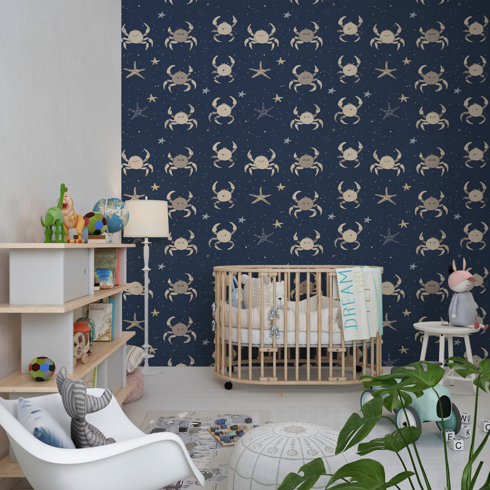 Deep blue ocean crabs mural wallpaper creating underwater adventure in kids playroom