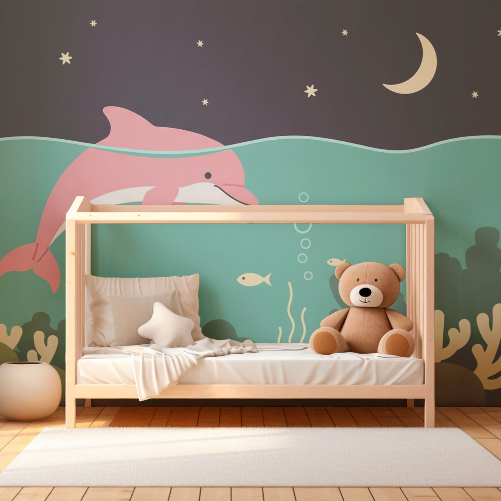 Starry night dolphin wallpaper creating magical underwater atmosphere in kids bedroom