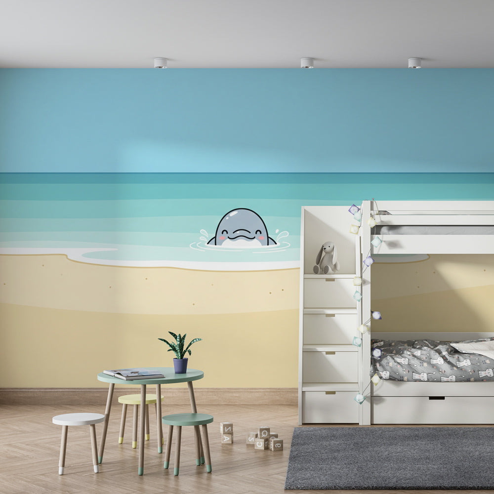 Peaceful sea dolphin wallpaper creating coastal kids bedroom decor atmosphere