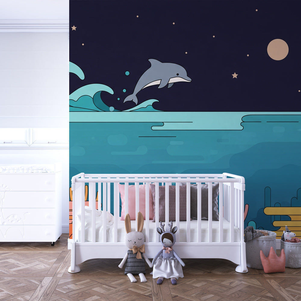 Underwater dolphin wallpaper transforming kids bedroom into marine sanctuary