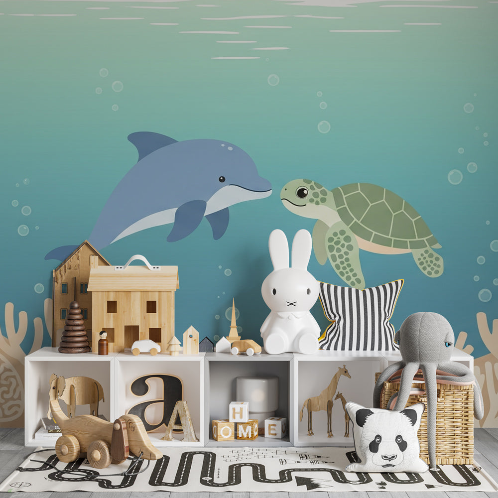 Underwater adventure mural wallpaper featuring dolphins and turtles in modern children's bedroom by Kids-Mundo
